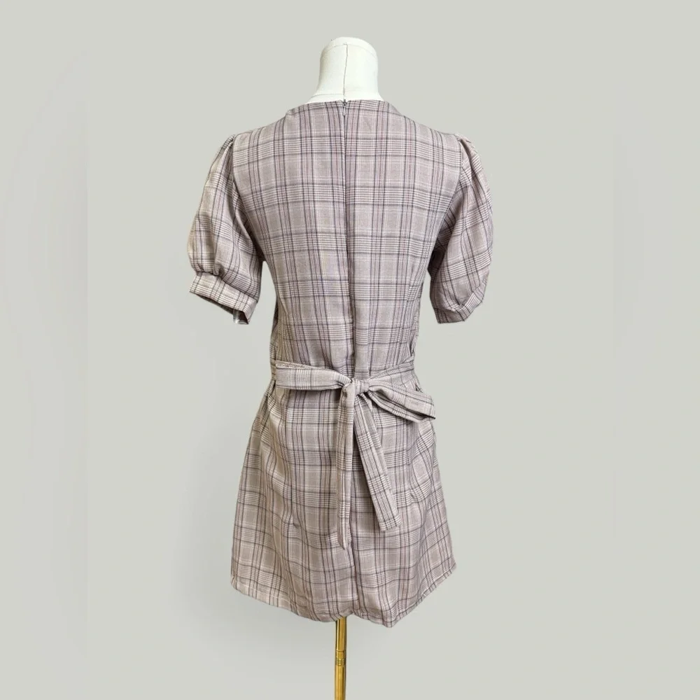 Plaid Dress Women Size Medium Brown Midi Sweetheart Neckline Puff Short Sleeves - Picture 4 of 11